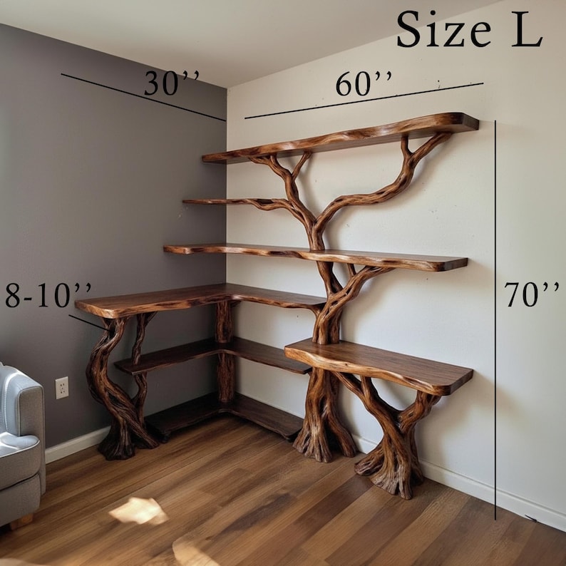 Aurenroot Corner Tree Branch Bookcase Handcarved Solid Wood Wall Mount