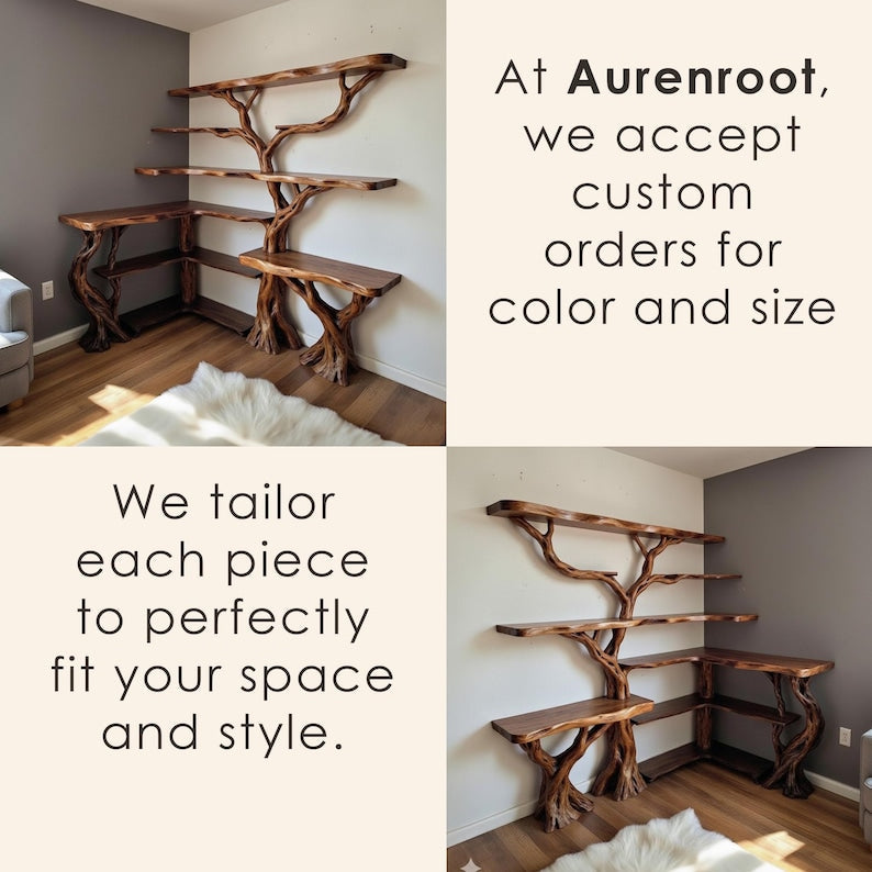 Aurenroot Corner Tree Branch Bookcase Handcarved Solid Wood Wall Mount