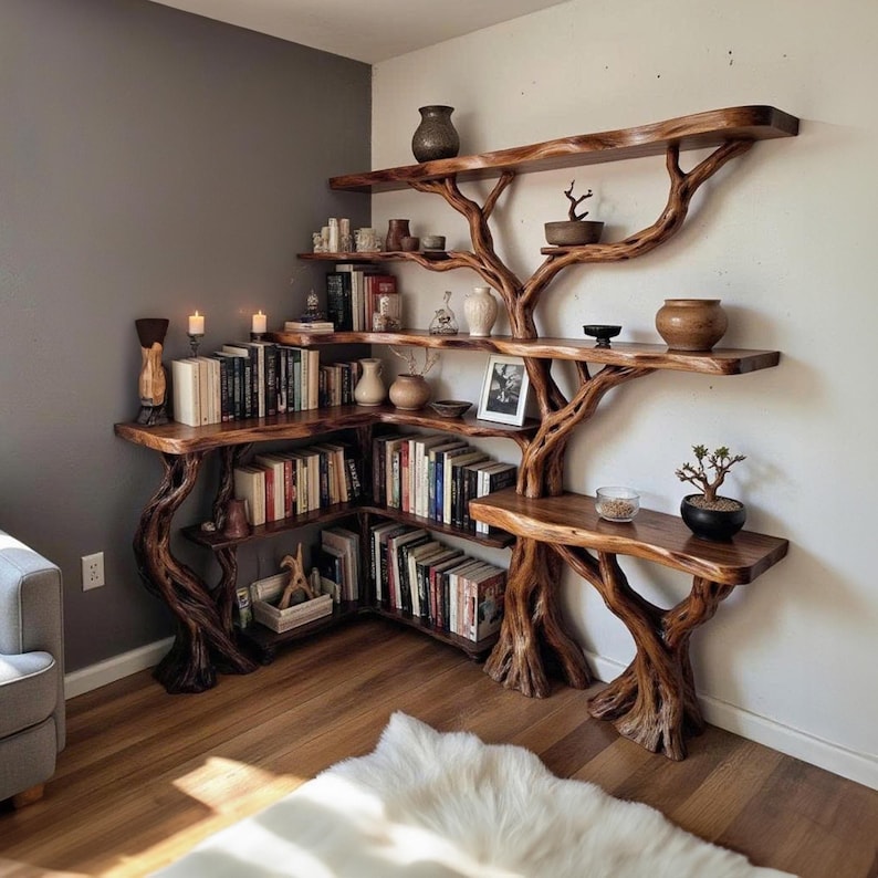 Aurenroot Corner Tree Branch Bookcase Handcarved Solid Wood Wall Mount