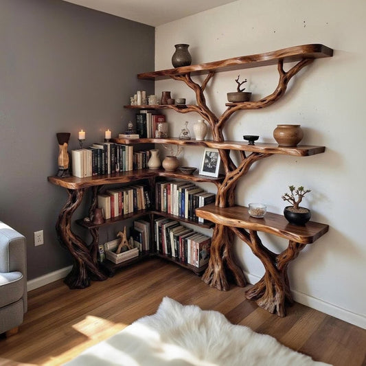 Aurenroot Corner Tree Branch Bookcase Handcarved Solid Wood Wall Mount