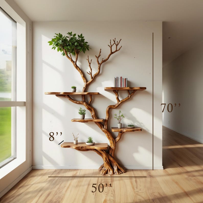 Aurenroot Corner Tree Branch Bookshelf Solid Wood Wall Mounted Driftwood Shelf