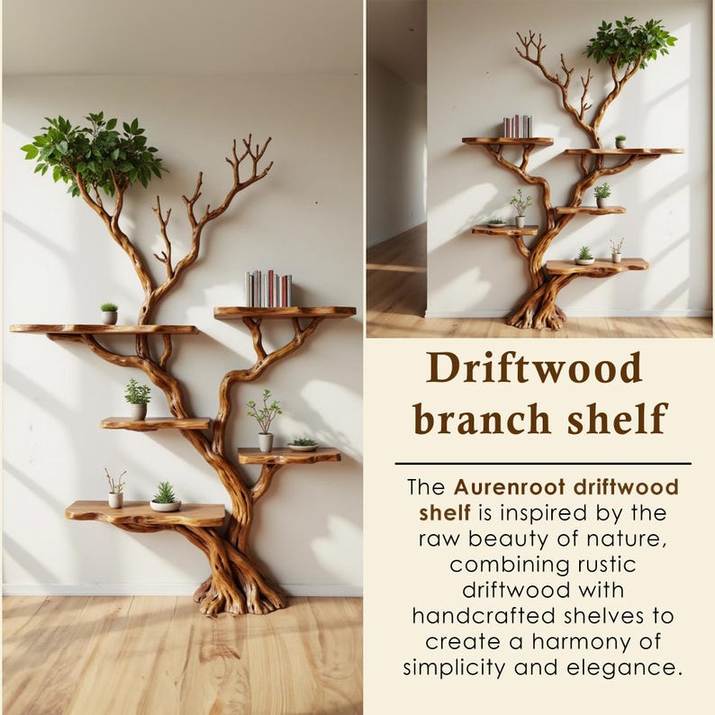 Aurenroot Corner Tree Branch Bookshelf Solid Wood Wall Mounted Driftwood Shelf