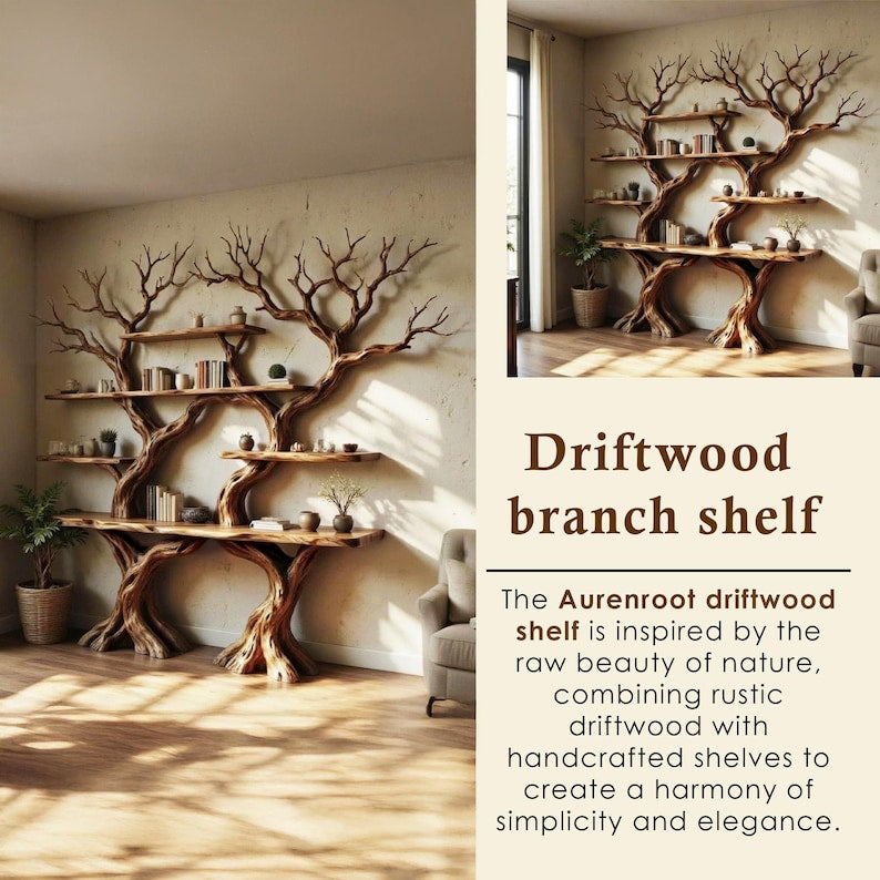 Aurenroot Corner Tree Branch Bookshelf Solid Wood Wall Mounted Driftwood