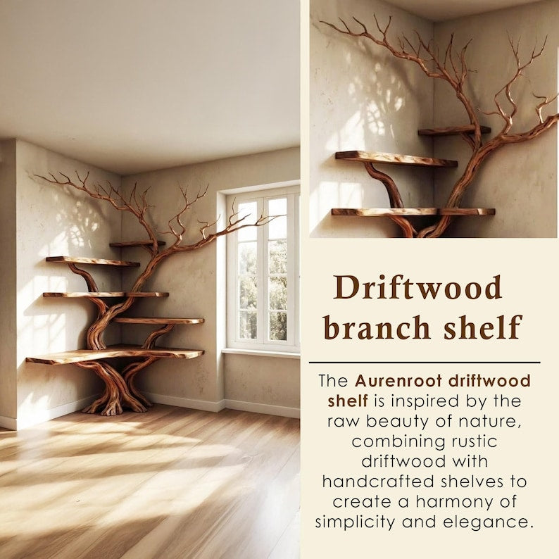 Corner Tree Branch Bookshelf Solid Wood Wall Mounted Driftwood Floating Shelf