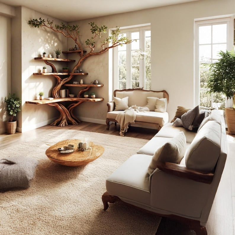 Corner Tree Branch Bookshelf Solid Wood Wall Mounted Driftwood Floating Shelf