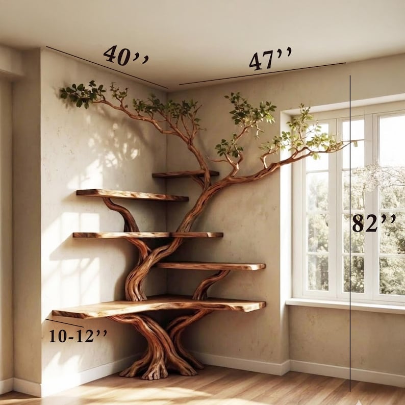 Corner Tree Branch Bookshelf Solid Wood Wall Mounted Driftwood Floating Shelf