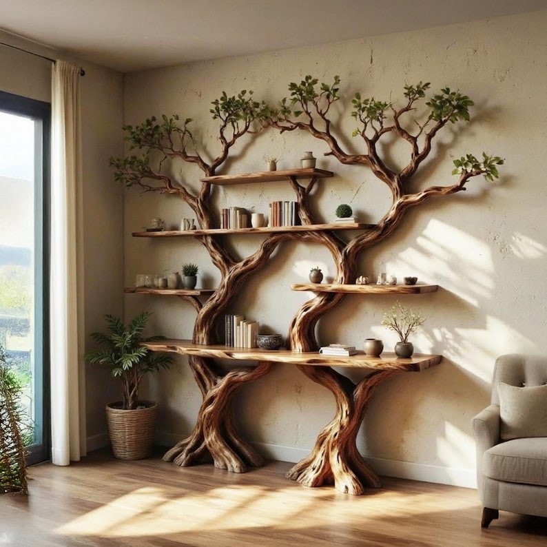 Aurenroot Corner Tree Branch Bookshelf Solid Wood Wall Mounted Driftwood