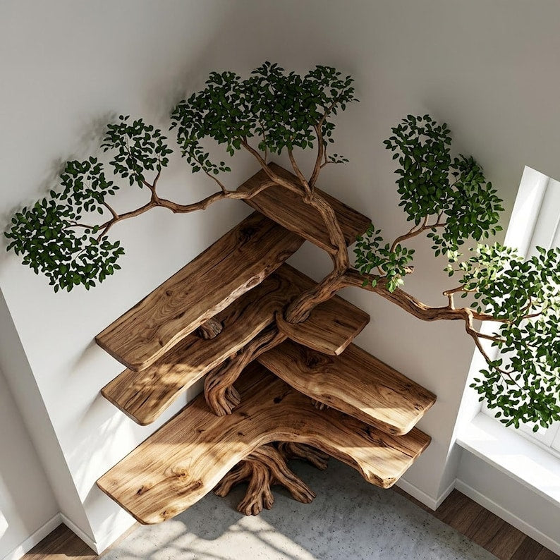 Corner Tree Branch Bookshelf Solid Wood Wall Mounted Driftwood Floating Shelf