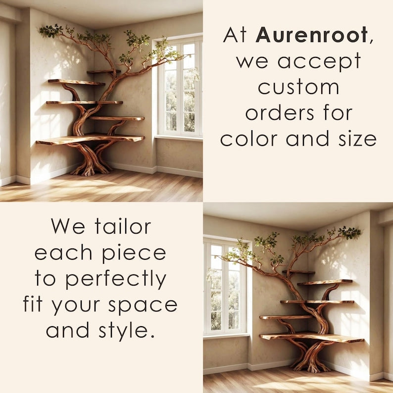 Corner Tree Branch Bookshelf Solid Wood Wall Mounted Driftwood Floating Shelf