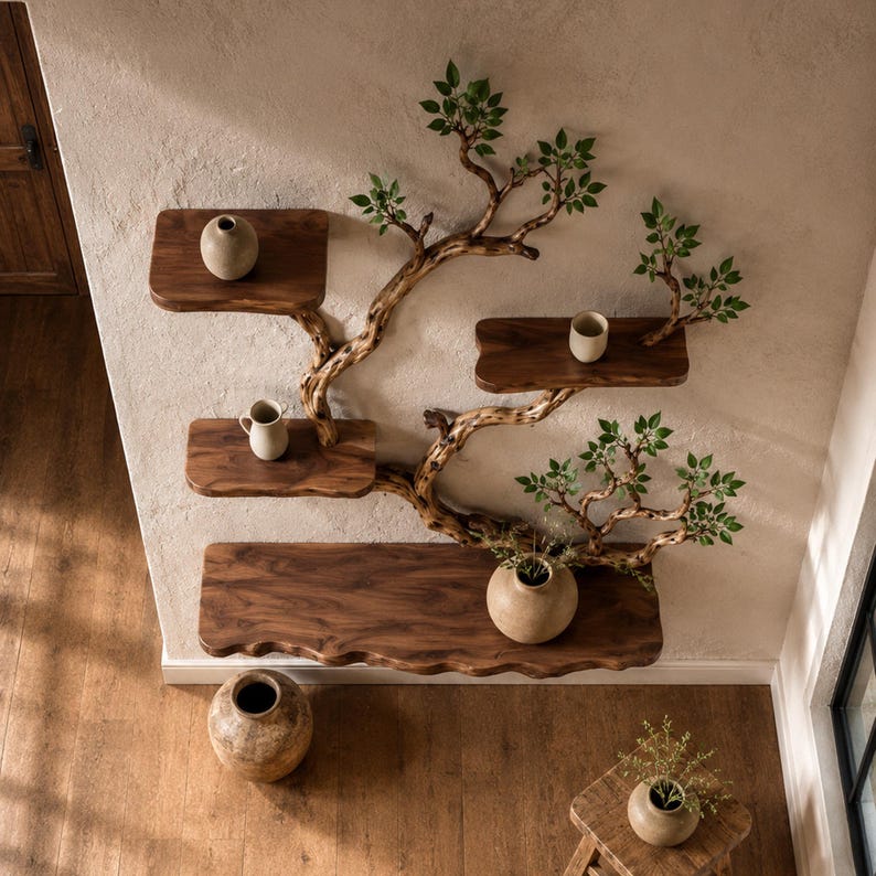 Solid Wood Floating Bookshelf Handmade Live Edge Branch Shelving