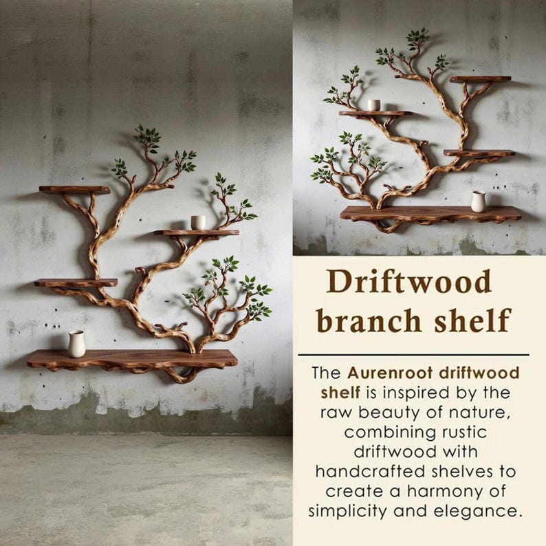 Solid Wood Floating Bookshelf Handmade Live Edge Branch Shelving